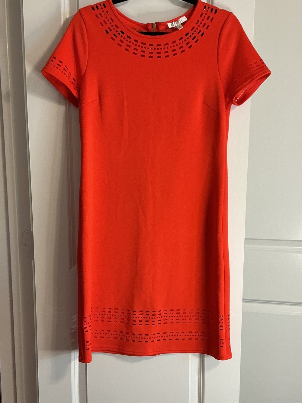 Spense Orange Laser-Cut Short Sleeve Shift Dress